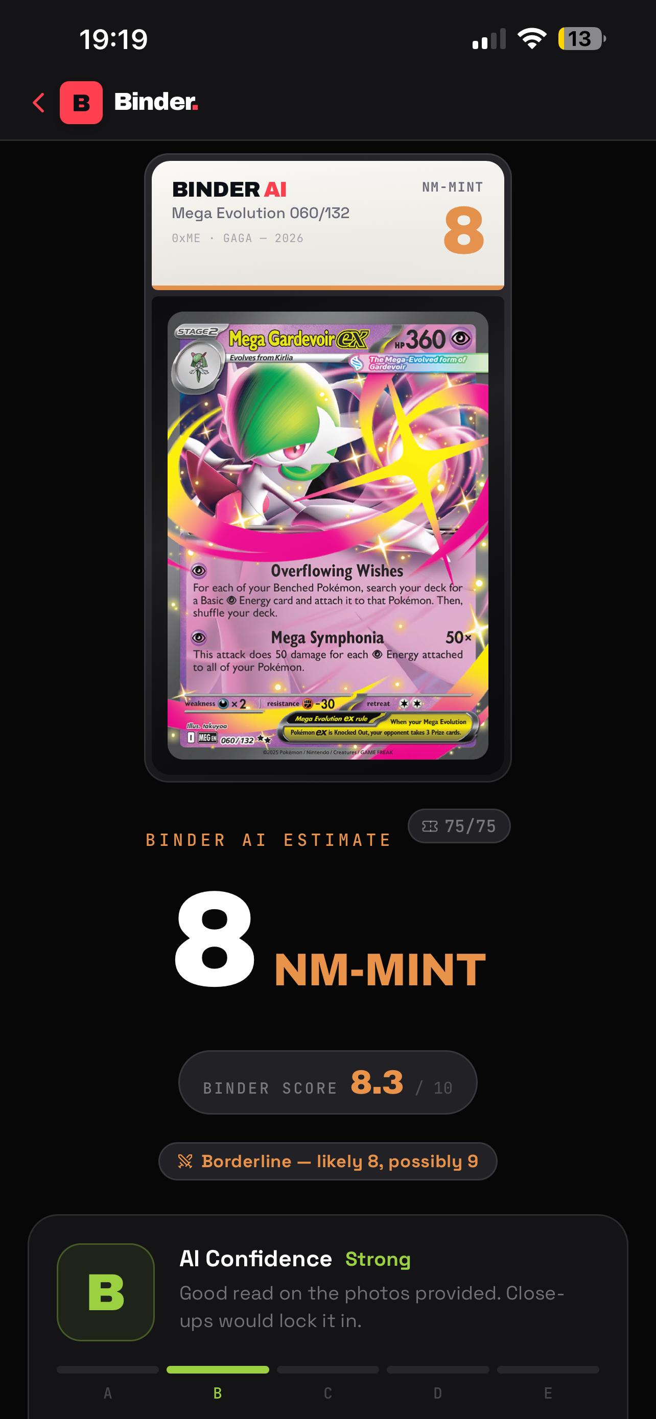 Binder AI grade estimate for Mega Gardevoir ex